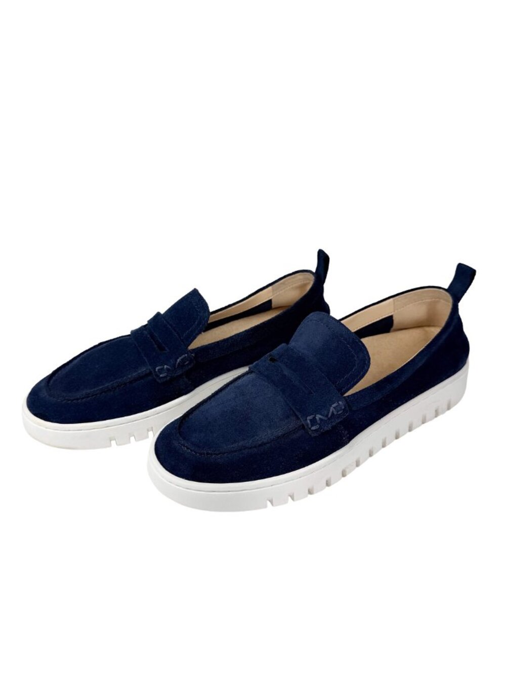 Vionic Uptown Women's 8.5 Navy Blue Suede Penny Loafers White Lug Sole Slip On